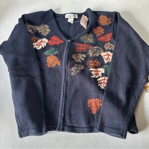 NWT dressbarn Navy Leaf Patterned Cardigan grandma sweater